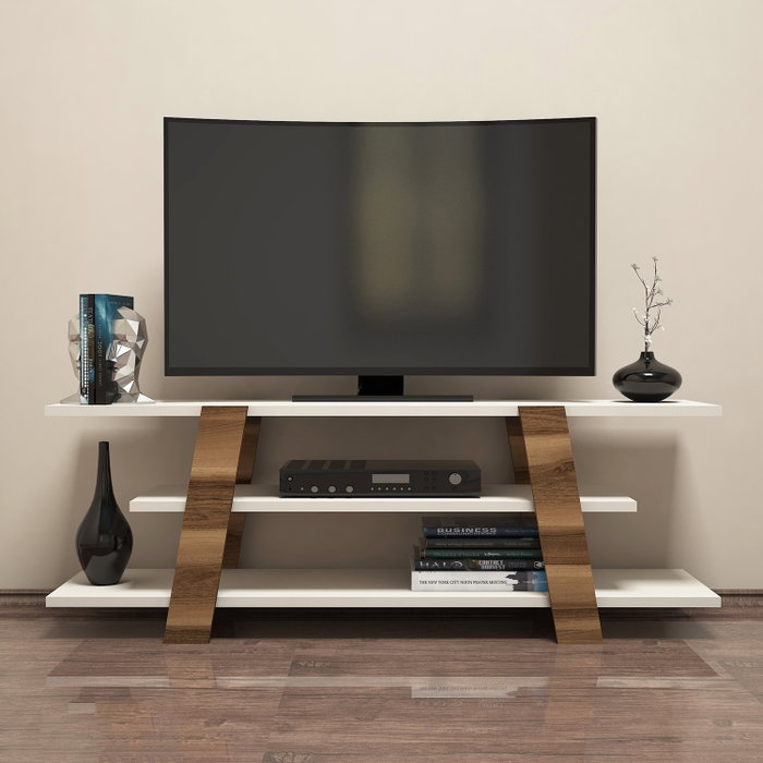 Hanah Home Soporte TV Nogal, Crema, Moderno, Novedoso. Mejora tu espacio vital con este soporte de TV fabricado en tablero de partículas de 18mm de grosor.